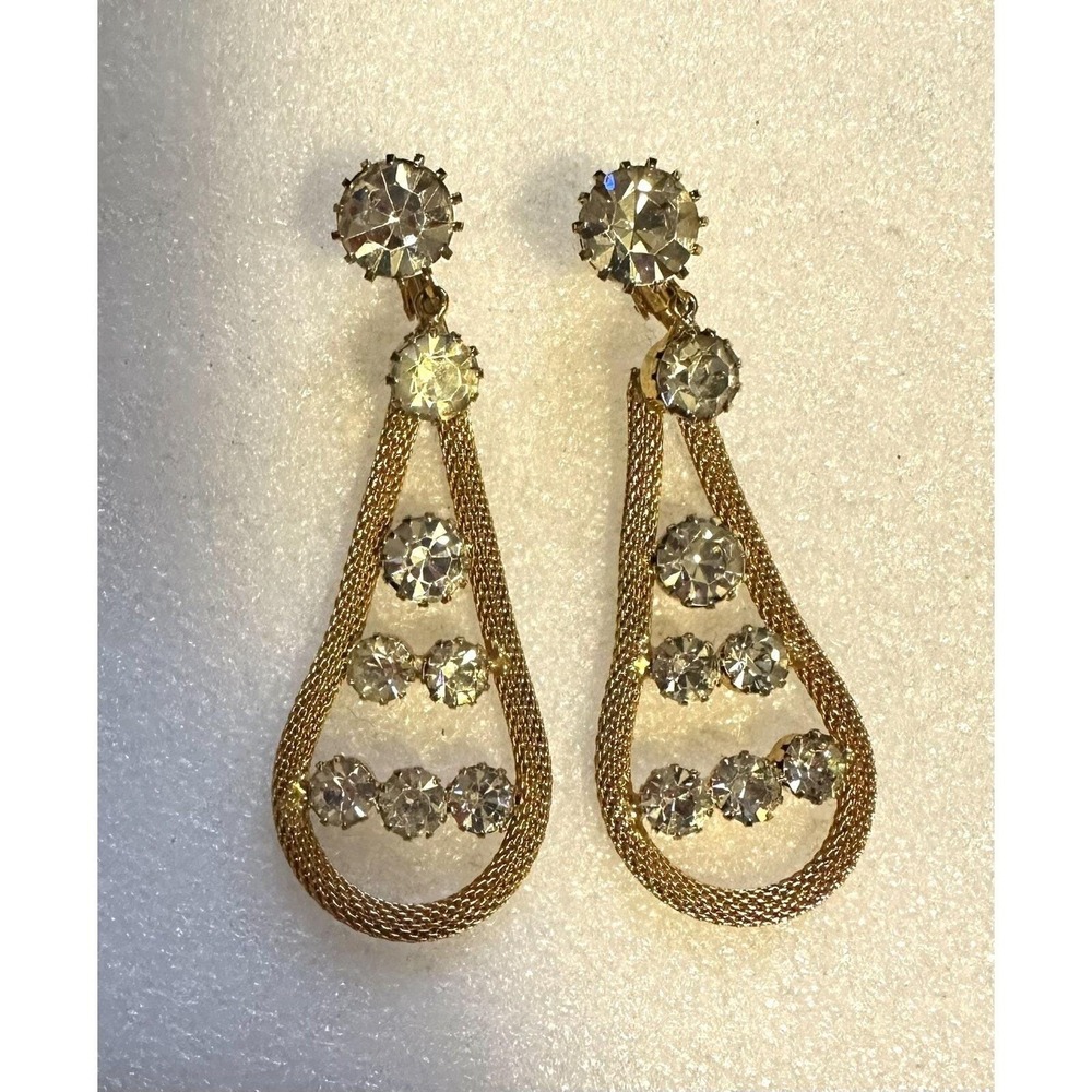 Vintage Juliana Clip On Dangle Earrings Mesh With Rhinestones 3"